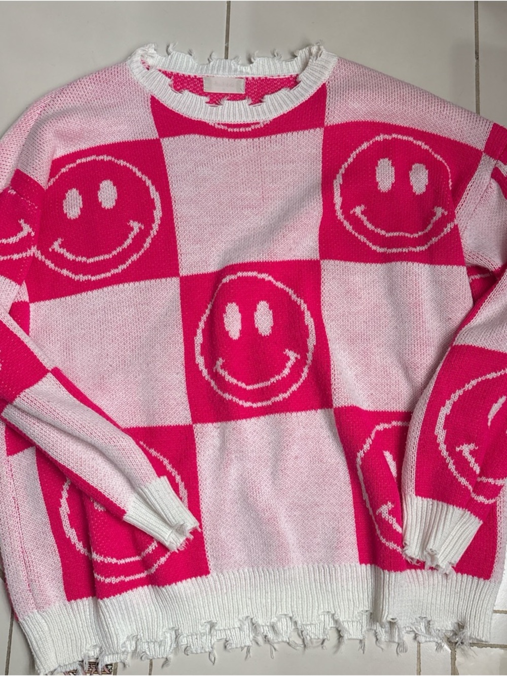 Altar'd State Pink & White Smiley Checker Knit Sweater - Picture 2 of 3